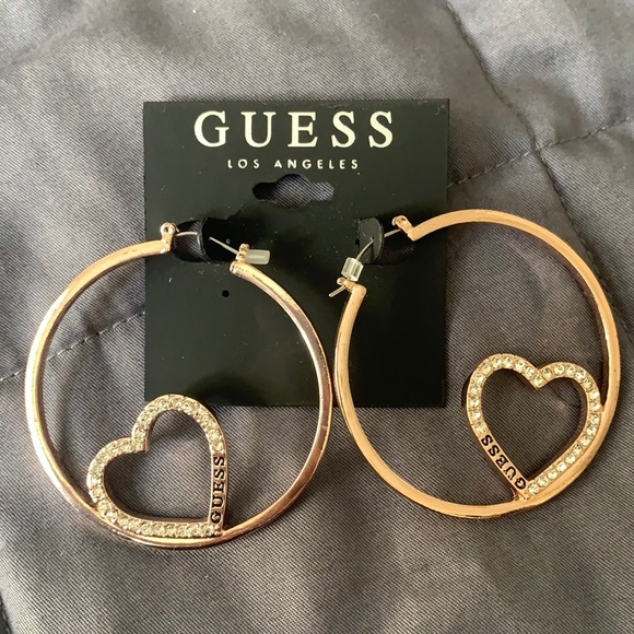 Guess Hoop Earrings With Rhinestone Hearts - Picture 1 of 4